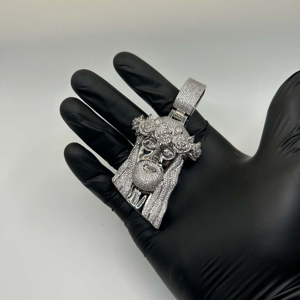 Silver Crystal Jesus Head Pendant Necklace - Men's Jewelry